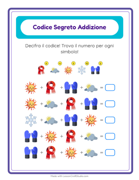 Anteprima della scheda di Addizione Codificata con Meteo per Scuola dell'infanzia (5-7 anni)