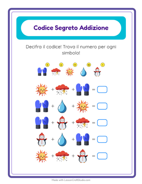 Anteprima della scheda di Addizione Codificata con Meteo per Scuola dell'infanzia (5-7 anni)