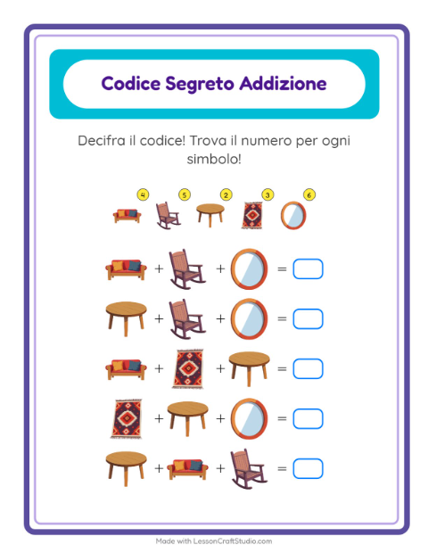 Anteprima della scheda di Addizione Codificata con Mobili per Scuola dell'infanzia (5-7 anni)
