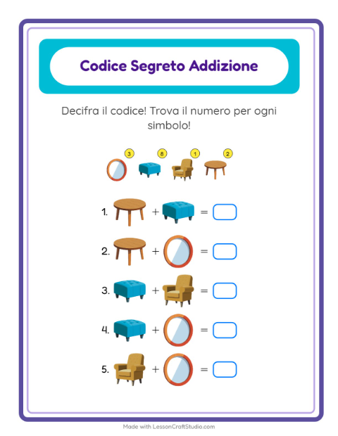 Anteprima della scheda di Addizione Codificata con Mobili per Scuola dell'infanzia (5-7 anni)