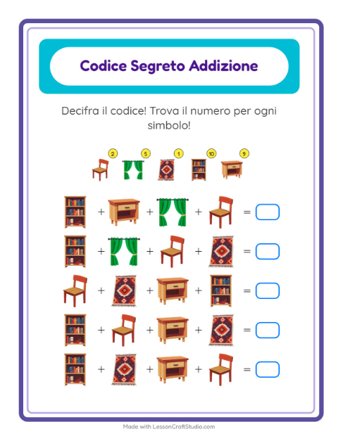 Anteprima della scheda di Addizione Codificata con Mobili per Scuola dell'infanzia (5-7 anni)