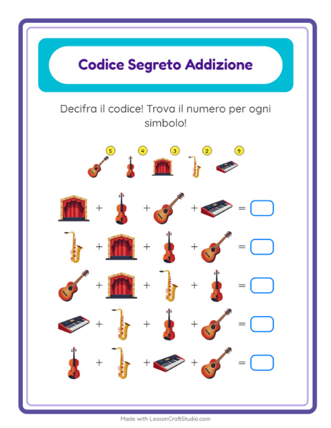 Anteprima della scheda di Addizione Codificata con Musica per Scuola dell'infanzia (5-7 anni)