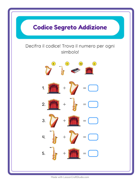 Anteprima della scheda di Addizione Codificata con Musica per Scuola dell'infanzia (5-7 anni)