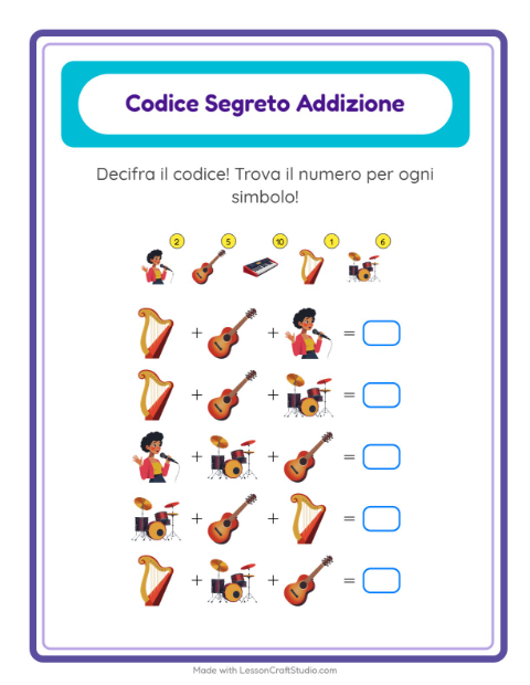 Anteprima della scheda di Addizione Codificata con Musica per Scuola dell'infanzia (5-7 anni)