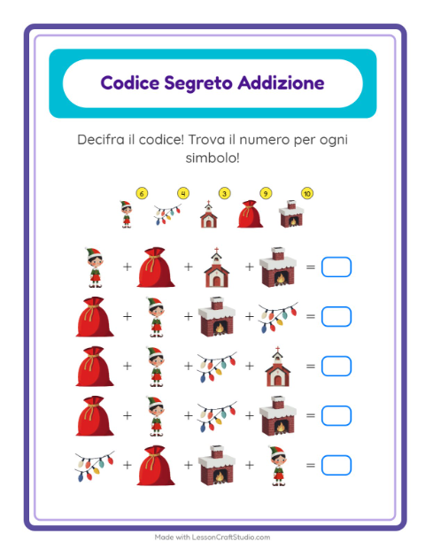 Anteprima della scheda di Addizione Codificata con Natale per Scuola dell'infanzia (5-7 anni)