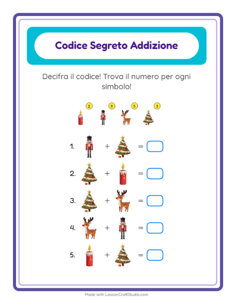 Anteprima della scheda di Addizione Codificata con Natale per Scuola dell'infanzia (5-7 anni)