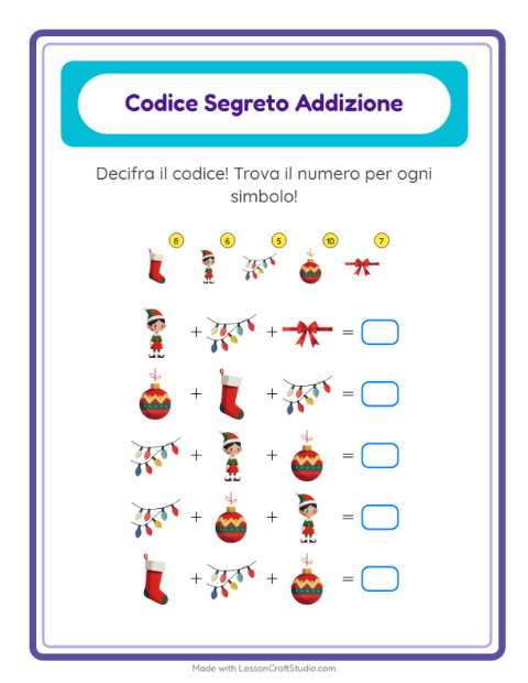 Anteprima della scheda di Addizione Codificata con Natale per Scuola dell'infanzia (5-7 anni)