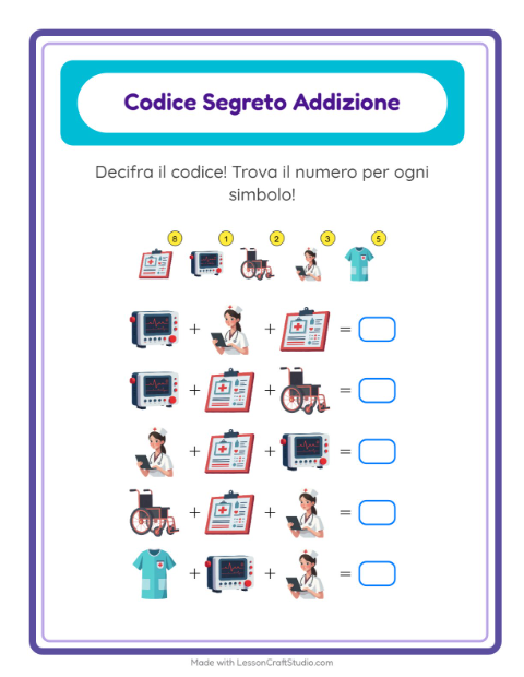 Anteprima della scheda di Addizione Codificata con Ospedale per Scuola dell'infanzia (5-7 anni)