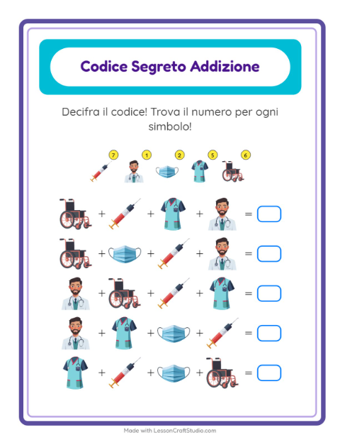 Anteprima della scheda di Addizione Codificata con Ospedale per Scuola dell'infanzia (5-7 anni)