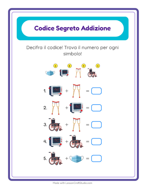 Anteprima della scheda di Addizione Codificata con Ospedale per Scuola dell'infanzia (5-7 anni)