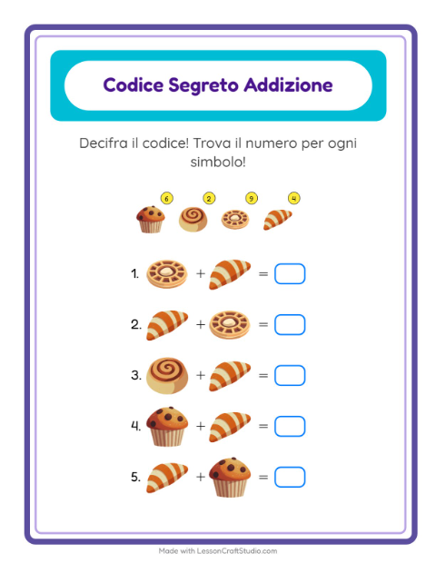 Anteprima della scheda di Addizione Codificata con Panetteria per Scuola dell'infanzia (5-7 anni)