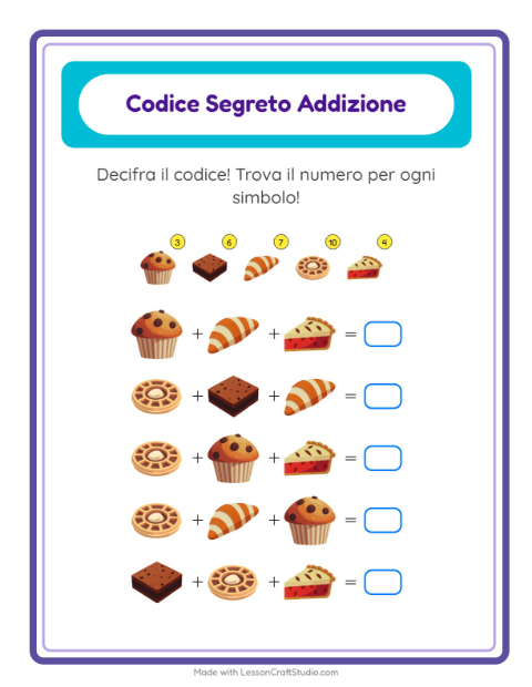 Anteprima della scheda di Addizione Codificata con Panetteria per Scuola dell'infanzia (5-7 anni)