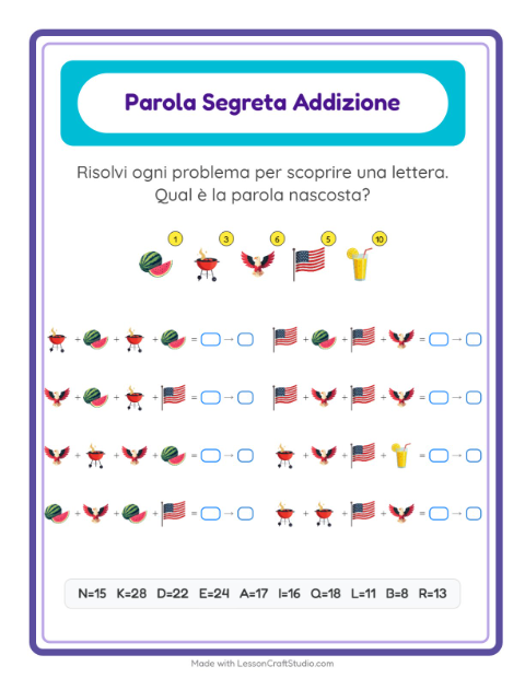 Anteprima della scheda di Addizione Codificata con 4 luglio per Scuola dell'infanzia (5-7 anni)