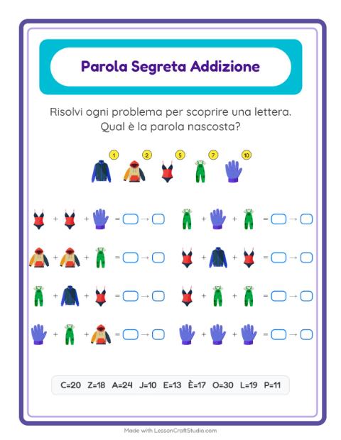 Anteprima della scheda di Addizione Codificata con Abbigliamento per Scuola dell'infanzia (5-7 anni)