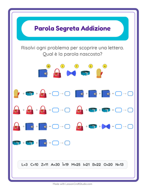 Anteprima della scheda di Addizione Codificata con Accessori per Scuola dell'infanzia (5-7 anni)