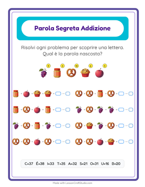 Anteprima della scheda di Addizione Codificata con Al supermercato per Scuola dell'infanzia (5-7 anni)