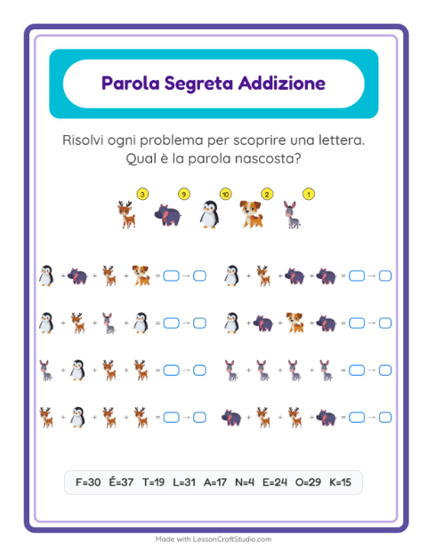 Anteprima della scheda di Addizione Codificata con Animali per Scuola dell'infanzia (5-7 anni)