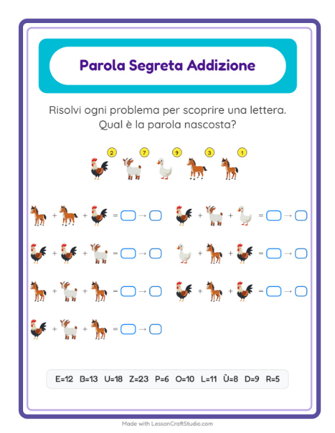 Anteprima della scheda di Addizione Codificata con Animali della fattoria per Scuola dell'infanzia (5-7 anni)
