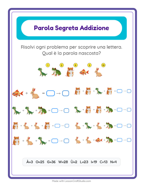 Anteprima della scheda di Addizione Codificata con Animali domestici per Scuola dell'infanzia (5-7 anni)