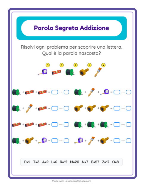 Anteprima della scheda di Addizione Codificata con Attrezzi per Scuola dell'infanzia (5-7 anni)
