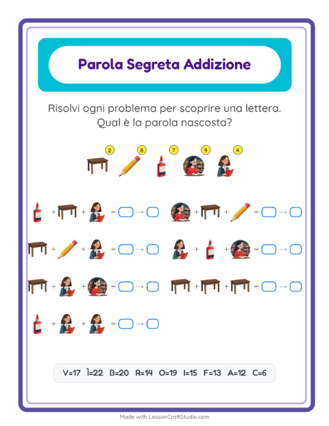 Anteprima della scheda di Addizione Codificata con Aula per Scuola dell'infanzia (5-7 anni)