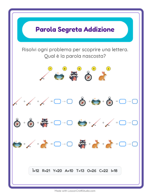 Anteprima della scheda di Addizione Codificata con Campeggio per Scuola dell'infanzia (5-7 anni)