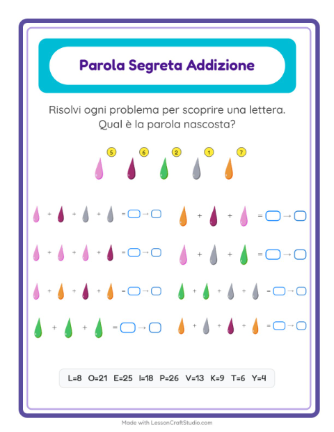 Anteprima della scheda di Addizione Codificata con Colori per Scuola dell'infanzia (5-7 anni)