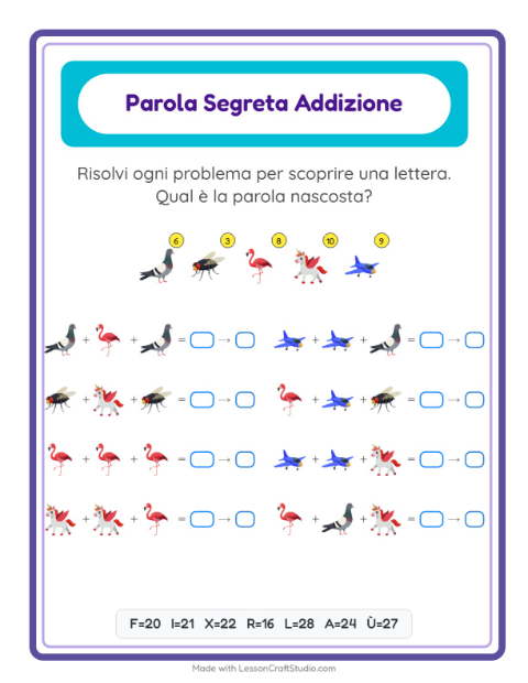 Anteprima della scheda di Addizione Codificata con Cose che volano per Scuola dell'infanzia (5-7 anni)