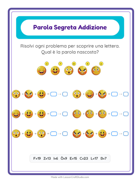 Anteprima della scheda di Addizione Codificata con Emozioni per Scuola dell'infanzia (5-7 anni)