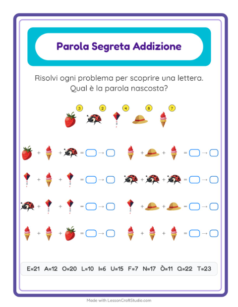 Anteprima della scheda di Addizione Codificata con Estate per Scuola dell'infanzia (5-7 anni)