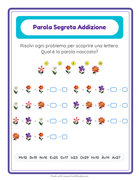 Anteprima della scheda di Addizione Codificata con Fiori per Scuola dell'infanzia (5-7 anni)