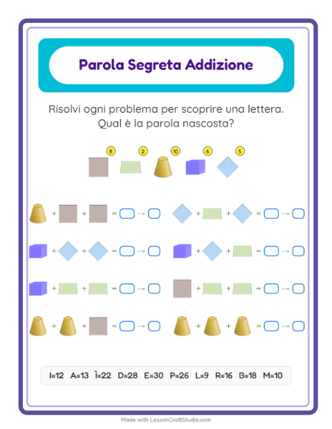 Anteprima della scheda di Addizione Codificata con Forme per Scuola dell'infanzia (5-7 anni)