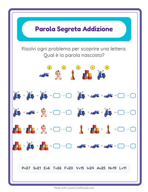 Anteprima della scheda di Addizione Codificata con Giocattoli per Scuola dell'infanzia (5-7 anni)
