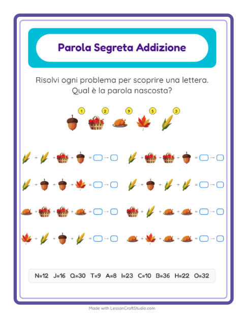 Anteprima della scheda di Addizione Codificata con Giorno del Ringraziamento per Scuola dell'infanzia (5-7 anni)