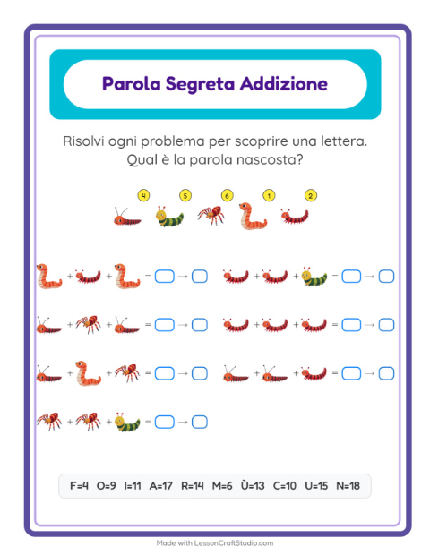 Anteprima della scheda di Addizione Codificata con Insetti e scarafaggi per Scuola dell'infanzia (5-7 anni)