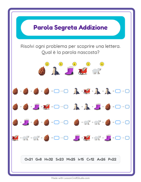 Anteprima della scheda di Addizione Codificata con Inverno per Scuola dell'infanzia (5-7 anni)