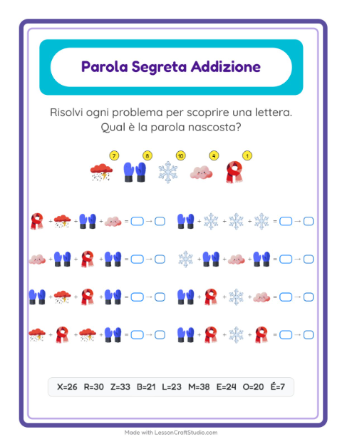 Anteprima della scheda di Addizione Codificata con Meteo per Scuola dell'infanzia (5-7 anni)