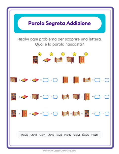 Anteprima della scheda di Addizione Codificata con Mobili per Scuola dell'infanzia (5-7 anni)