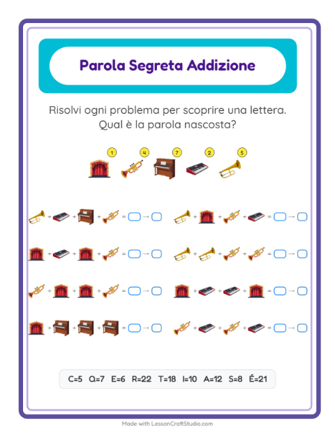 Anteprima della scheda di Addizione Codificata con Musica per Scuola dell'infanzia (5-7 anni)