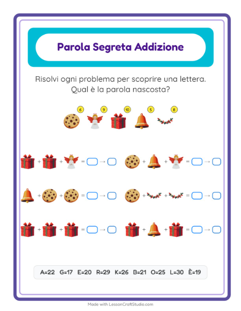Anteprima della scheda di Addizione Codificata con Natale per Scuola dell'infanzia (5-7 anni)