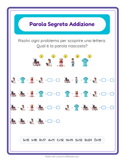 Anteprima della scheda di Addizione Codificata con Ospedale per Scuola dell'infanzia (5-7 anni)