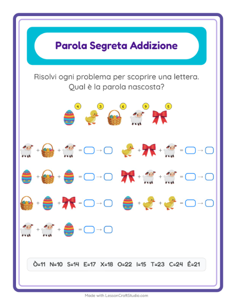 Anteprima della scheda di Addizione Codificata con Pasqua per Scuola dell'infanzia (5-7 anni)