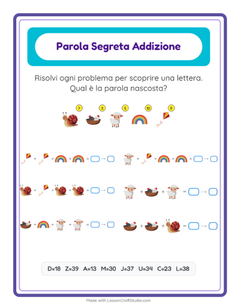 Anteprima della scheda di Addizione Codificata con Primavera per Scuola dell'infanzia (5-7 anni)