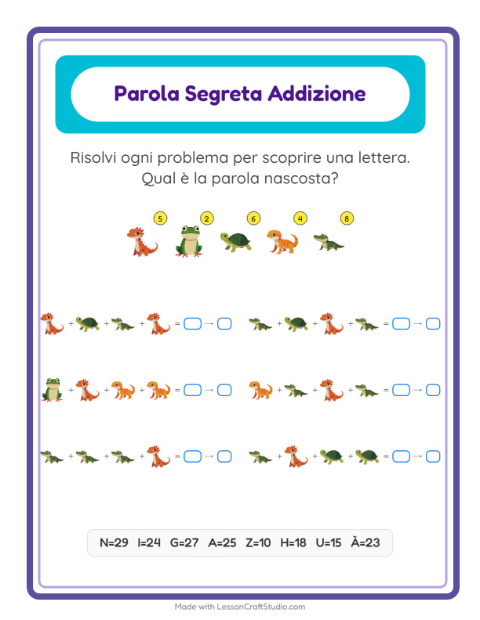 Anteprima della scheda di Addizione Codificata con Rettili e anfibi per Scuola dell'infanzia (5-7 anni)