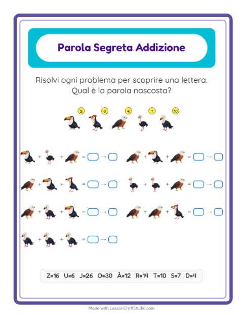 Anteprima della scheda di Addizione Codificata con Uccelli per Scuola dell'infanzia (5-7 anni)