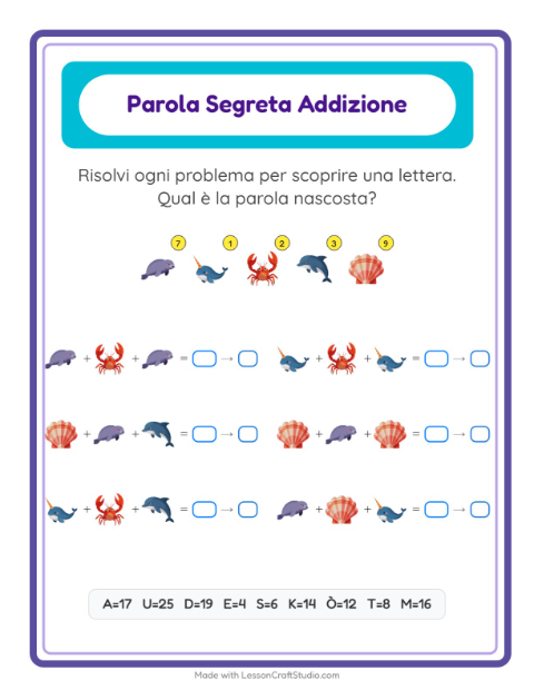 Anteprima della scheda di Addizione Codificata con Vita oceanica per Scuola dell'infanzia (5-7 anni)