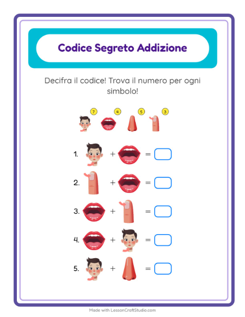 Anteprima della scheda di Addizione Codificata con Parti del corpo per Scuola dell'infanzia (5-7 anni)