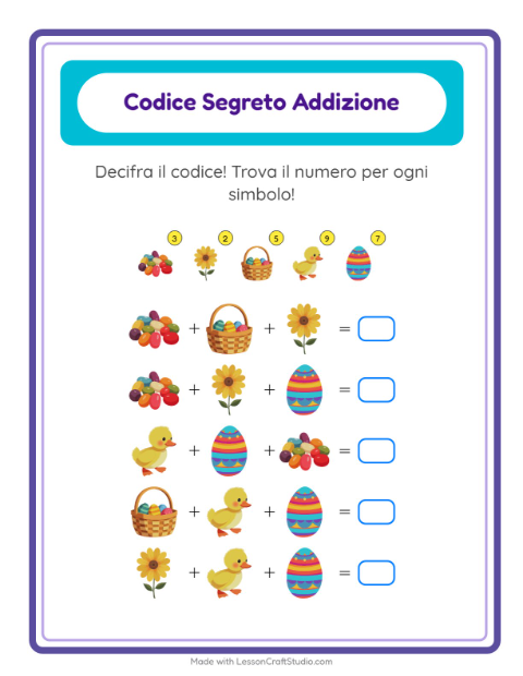 Anteprima della scheda di Addizione Codificata con Pasqua per Scuola dell'infanzia (5-7 anni)