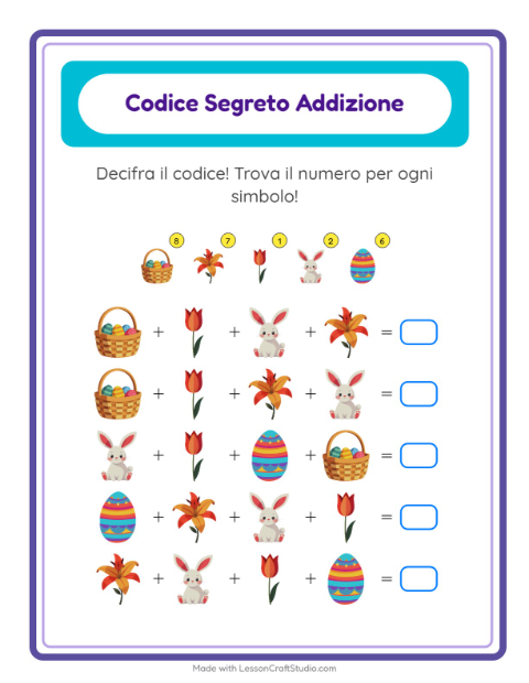 Anteprima della scheda di Addizione Codificata con Pasqua per Scuola dell'infanzia (5-7 anni)