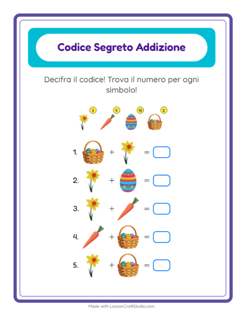 Anteprima della scheda di Addizione Codificata con Pasqua per Scuola dell'infanzia (5-7 anni)